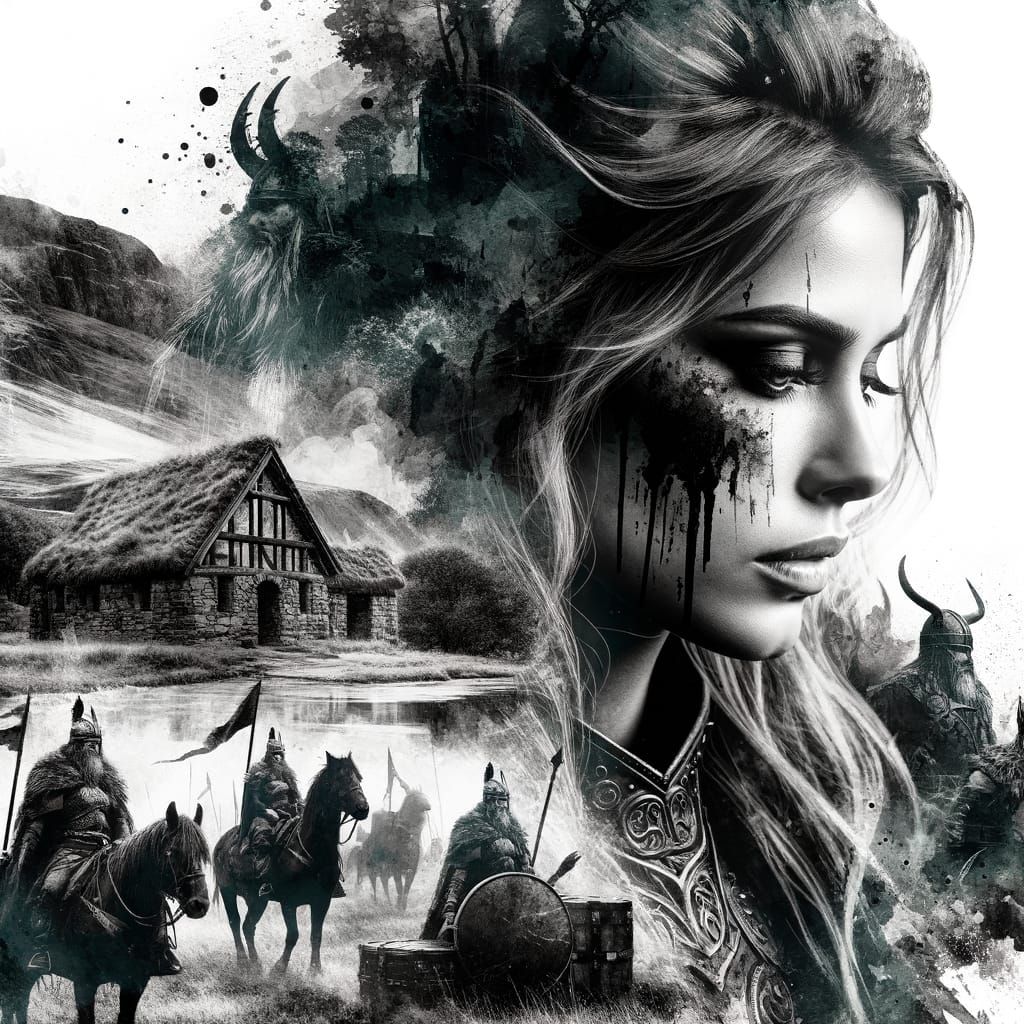 Norse Goddess in Double Exposure Watercolor Artwork