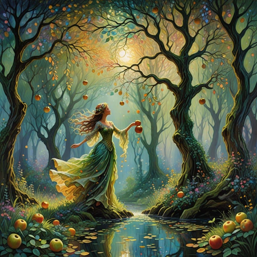 Dryad Tending to a Whimsical Golden Apple Orchard in a Dream...