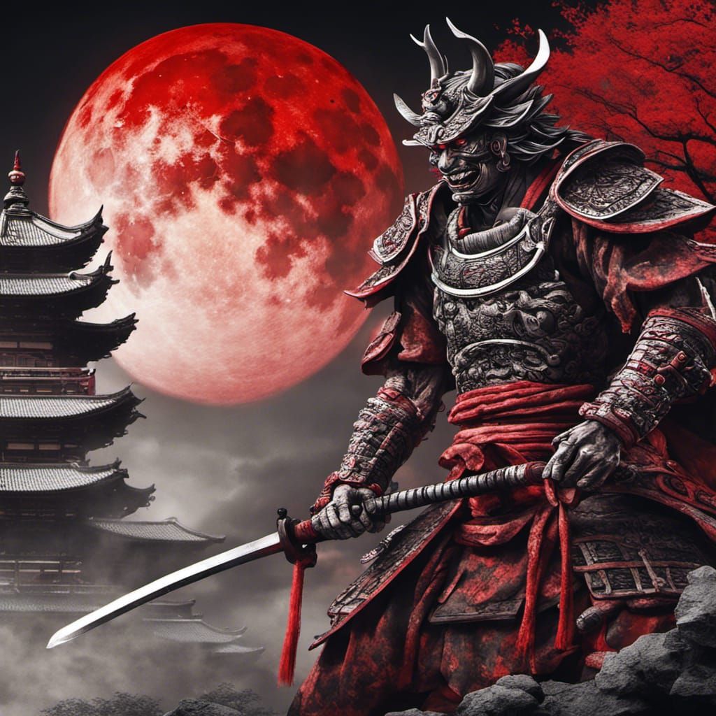 Oni Samurai Under Blood Moon: Hyperrealistic Edo Art
