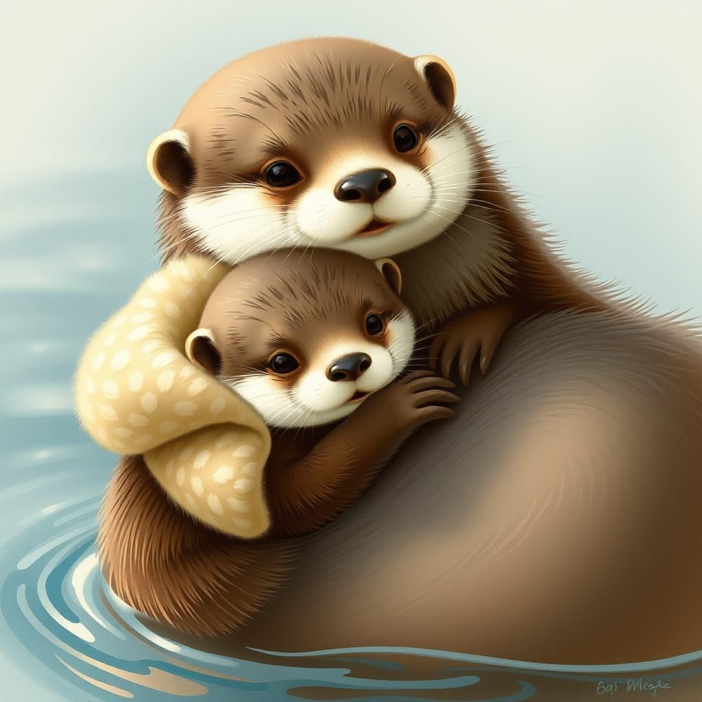 Baby Otter Snuggles Mom in Whimsical Style