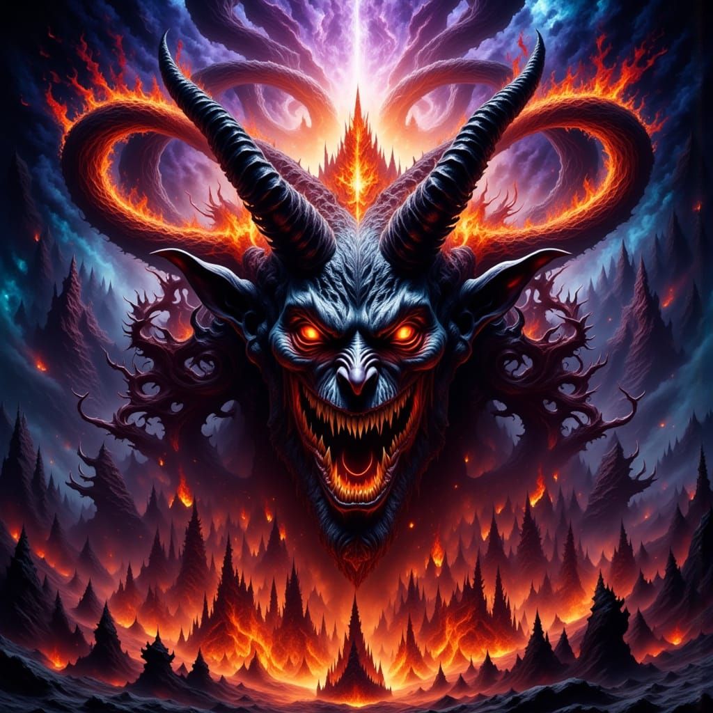 Demonic Entity with Fiery Halo in Cosmic Void