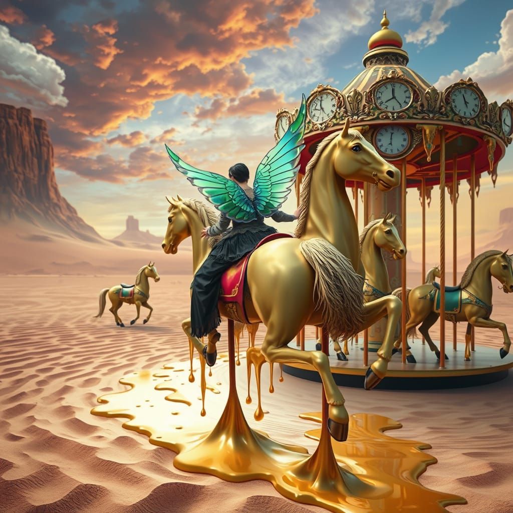 Surreal Desert Carousel with Melting Clock Horses