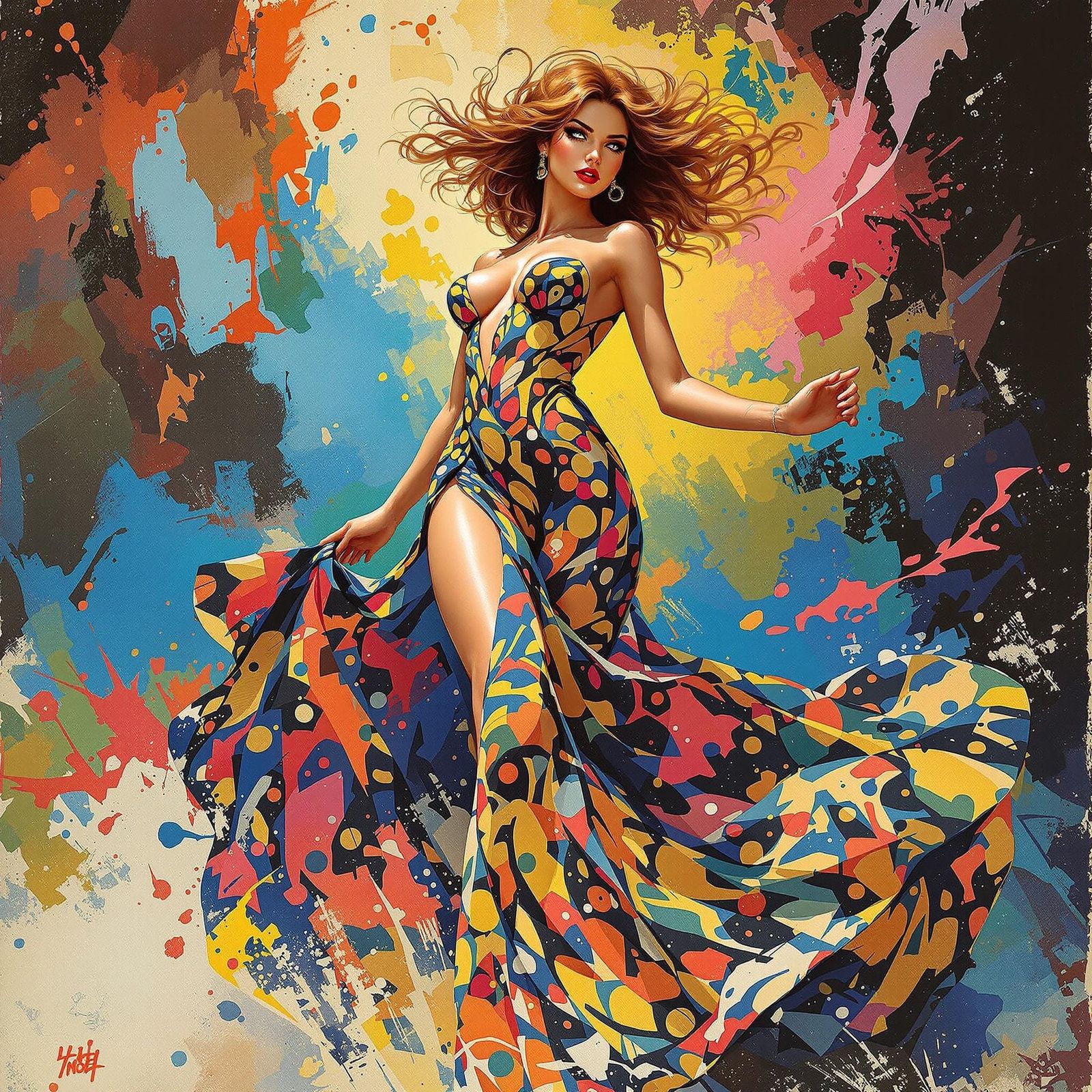 Woman in Flowing Dress, Pulp Illustration Aesthetic