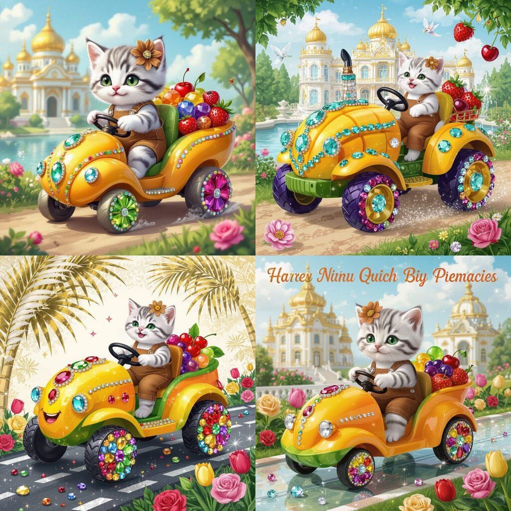 Gemstone Tractor Driven By Kitten, Whimsical Fruit & Jewel A...