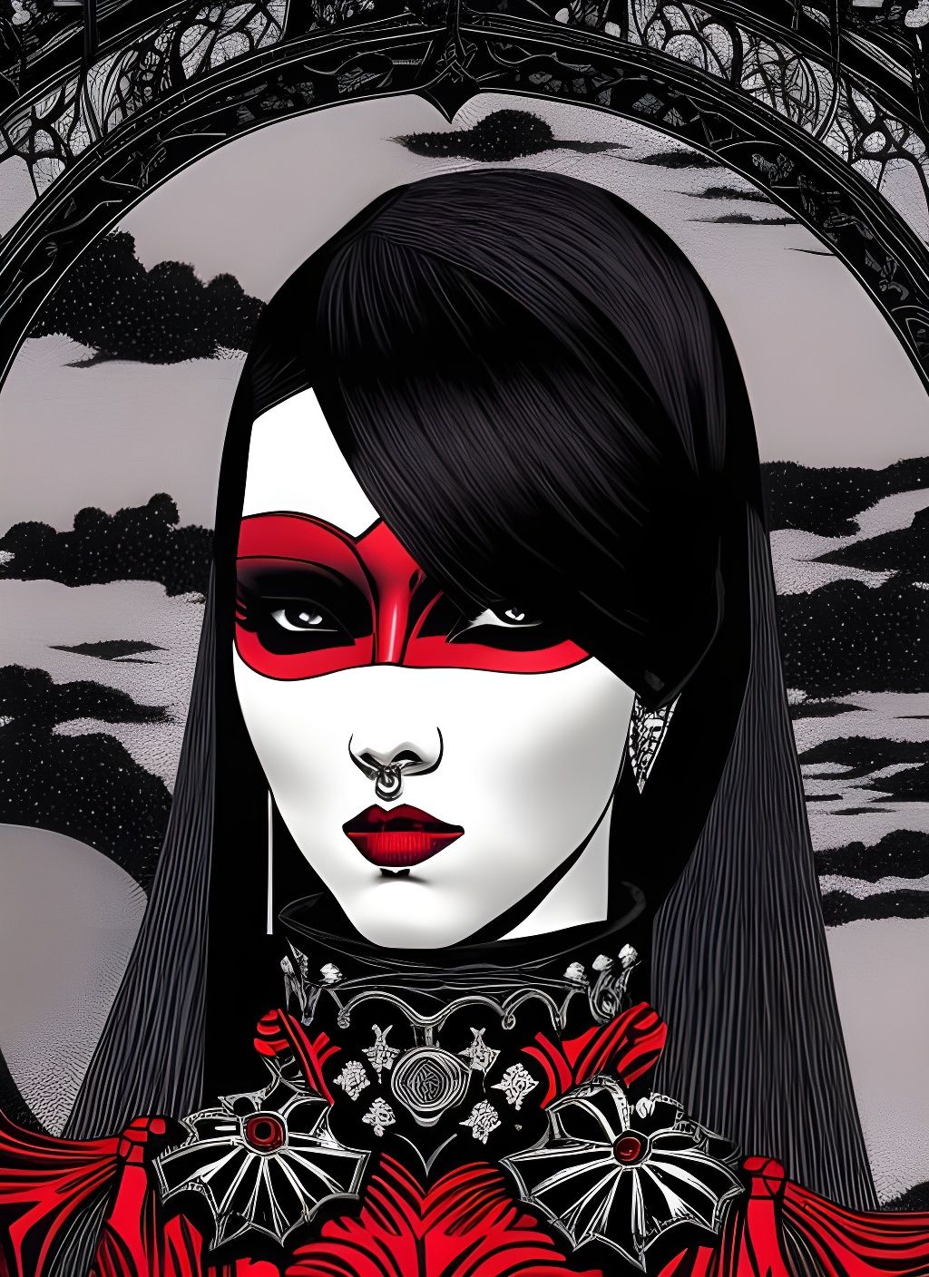 Gothic Girl Under Moonlit Pergola in Digital Comic Art