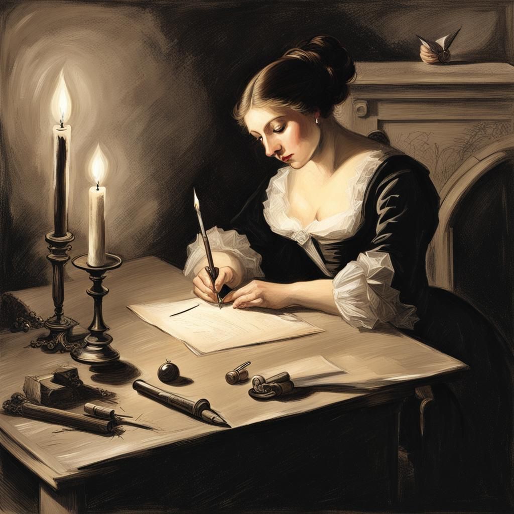 Woman Writing Letter by Candlelight in Sfumato