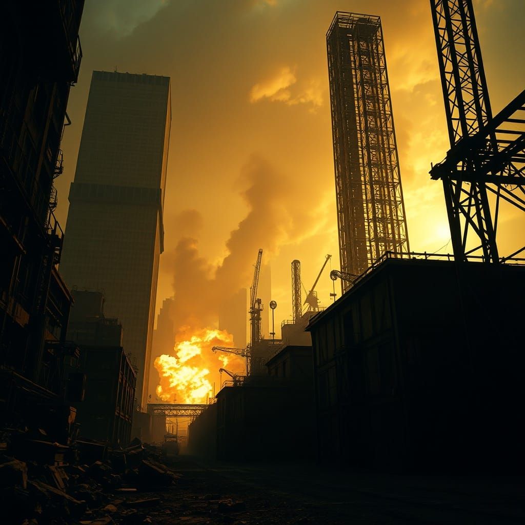 Dystopian Industrial Landscape in Film Noir Style