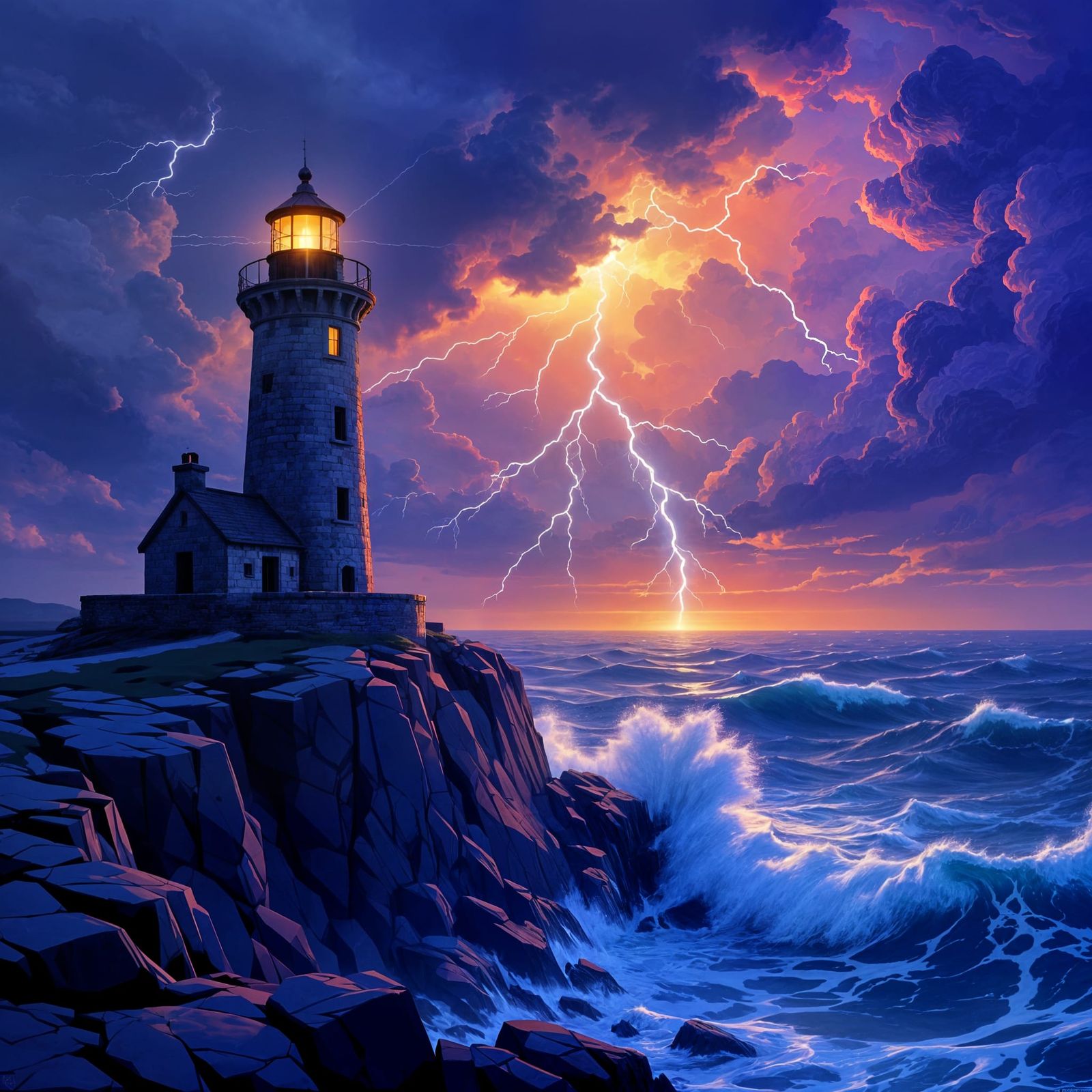 Stormy Sea Lighthouse on Jagged Cliff in Dramatic Sky