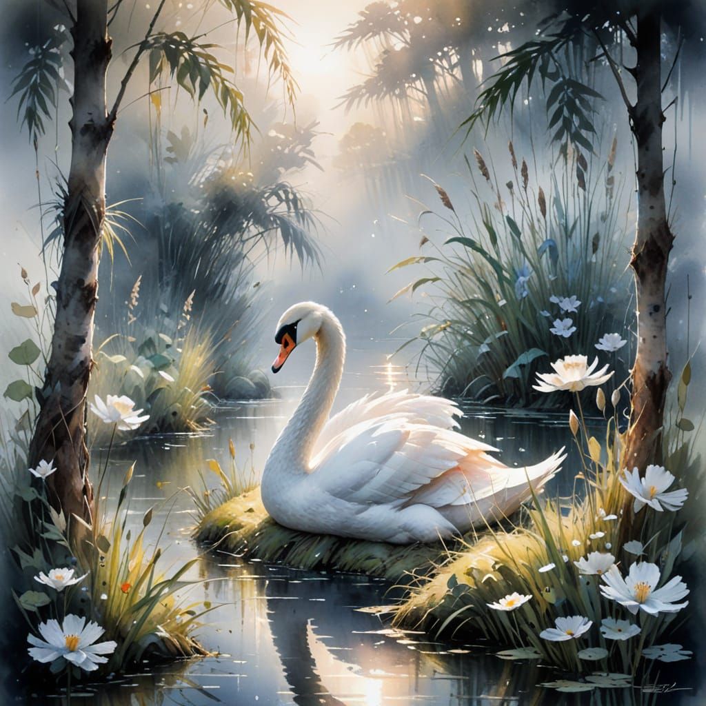Ethereal Lakeside Swan in Dreamlike Watercolour