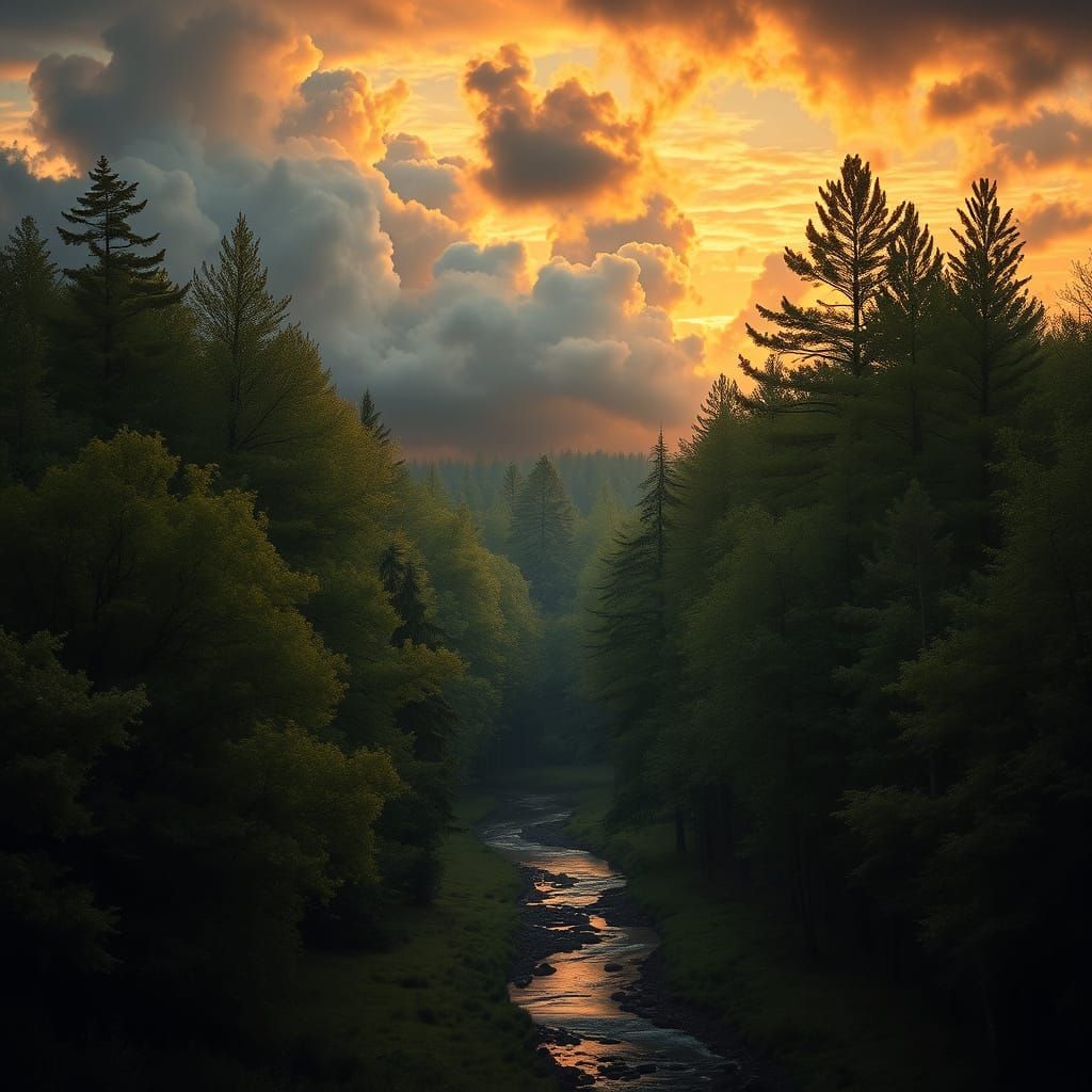 Lush Forest Landscape in Sunset Light