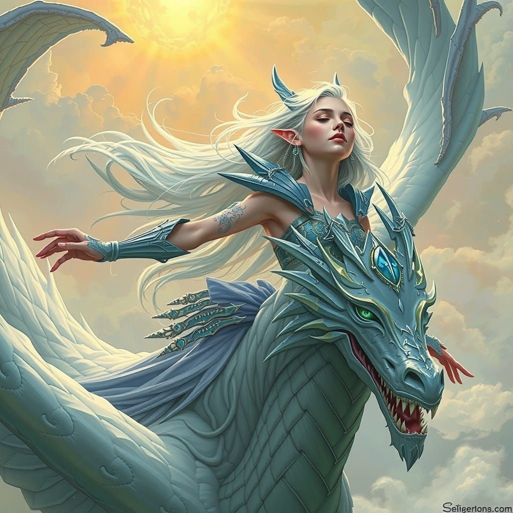 Ethereal Elven Warrior Rides a Majestic White Dragon Amidst ...