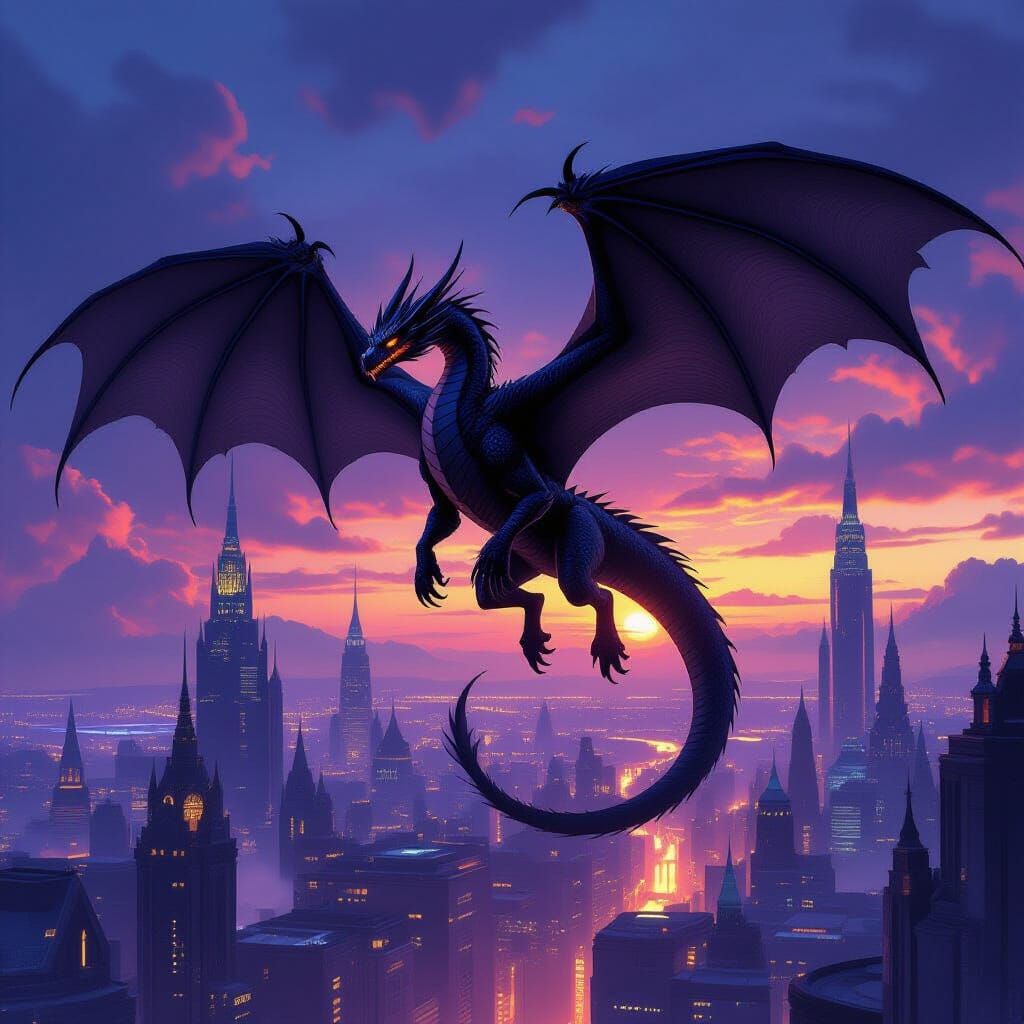 Black Dragon Over Futuristic City at Twilight