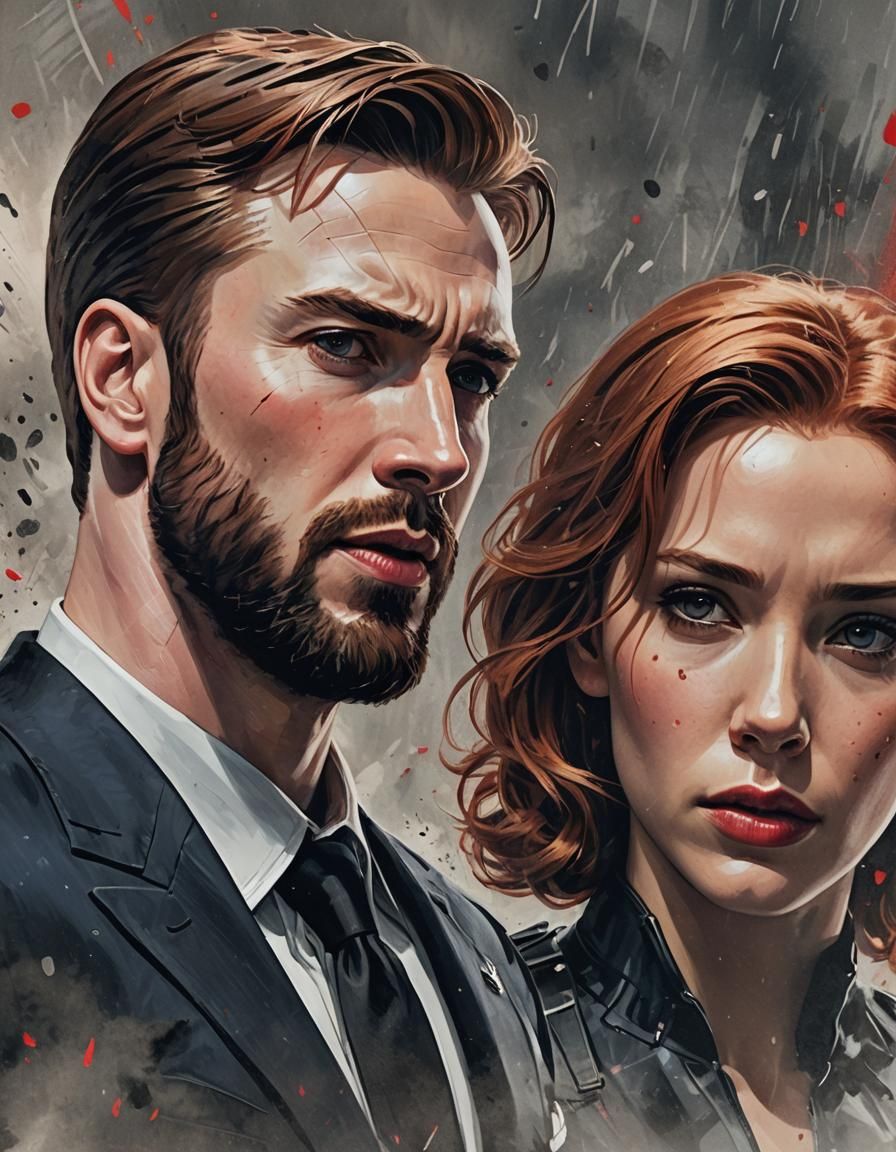 Chris Evans as President Steve Rogers and Scarlett Johansson as Black Widow assassin