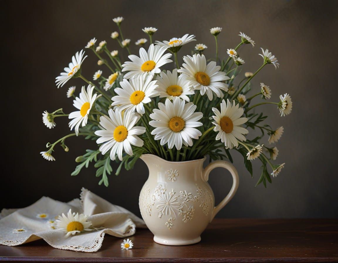 White Daisies Bouquet in Cream Pitcher Still Life