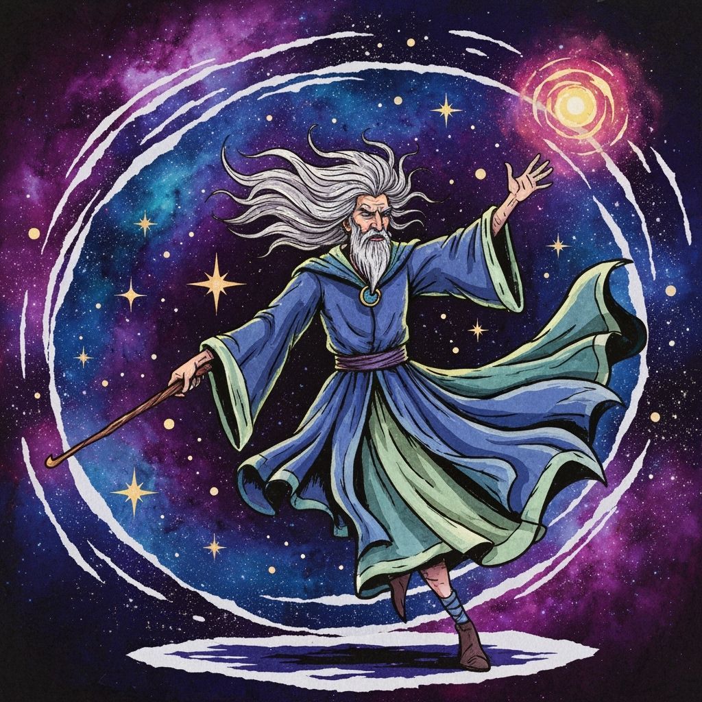 Wizard Casting Spell in Cosmic Paper Collage Style