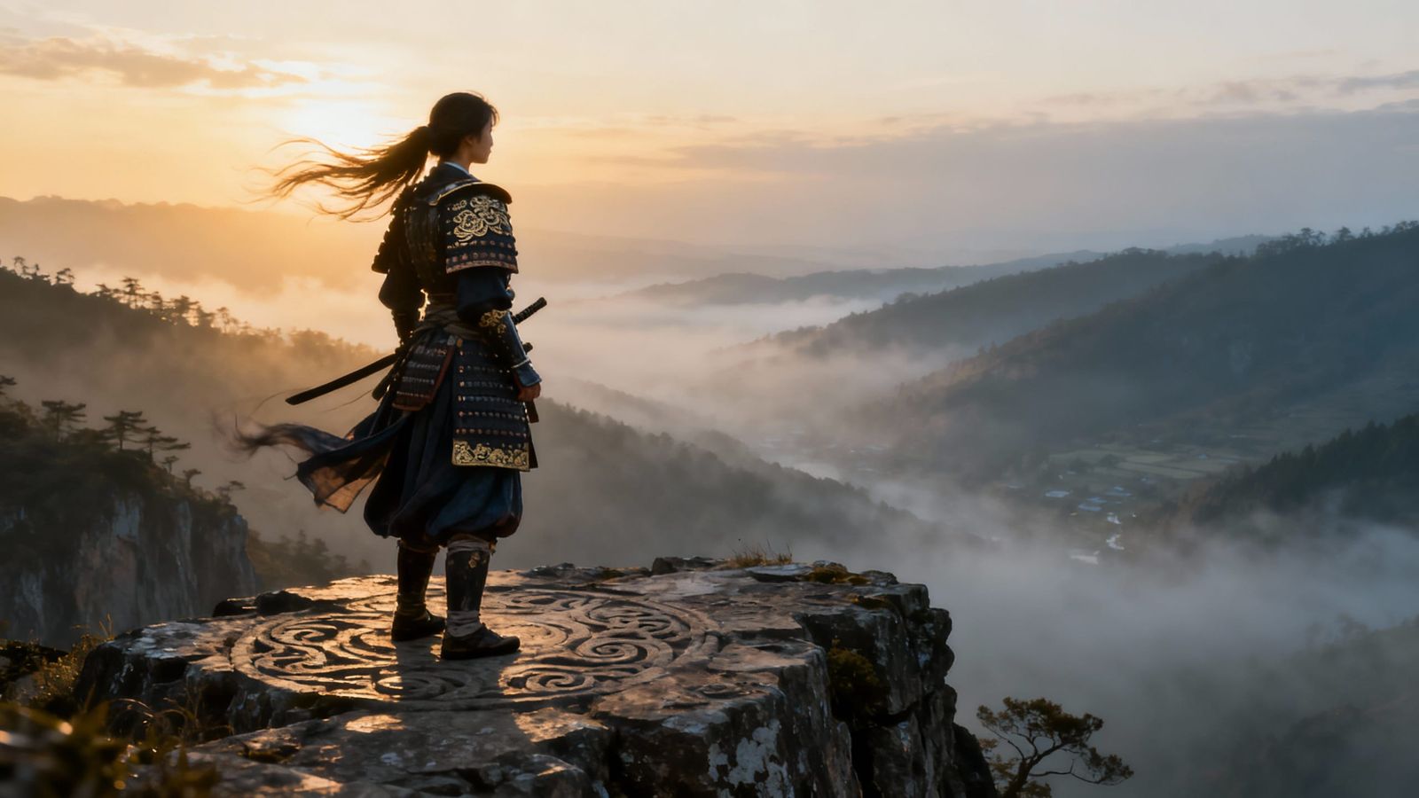 Female Samurai on Windswept Cliff at Dawn