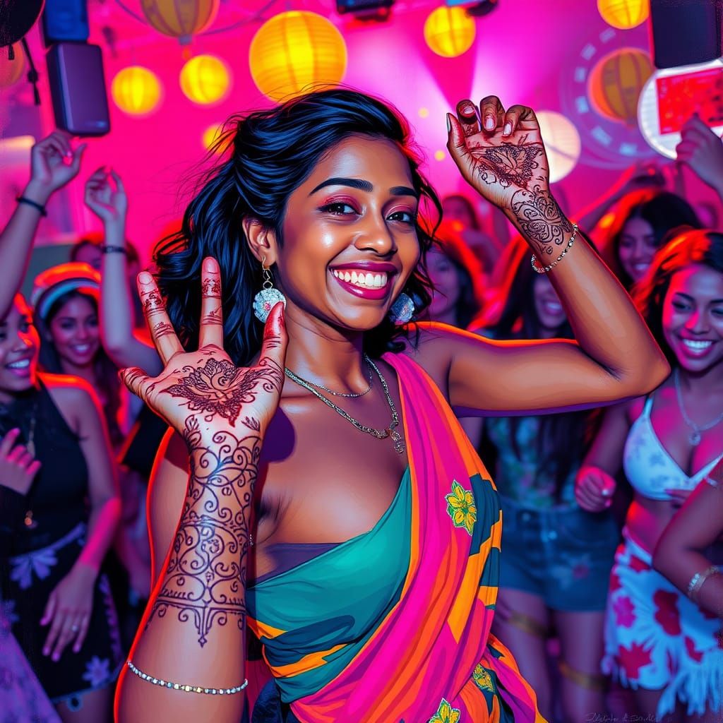Sri Lankan Woman Dancing at Rave in Neon Street Art Style