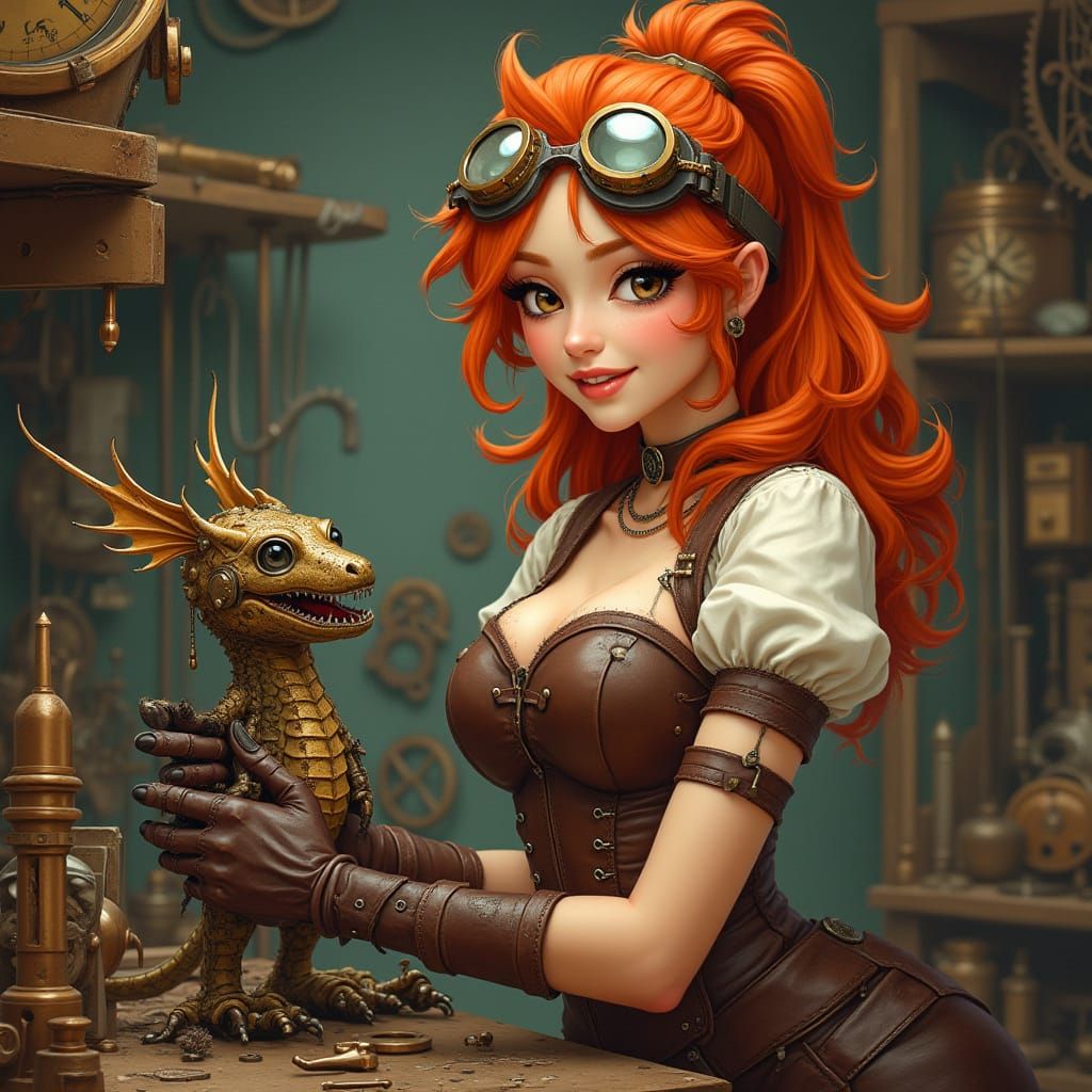 Steampunk Mechanic and Robot Dragon in Art Nouveau Style