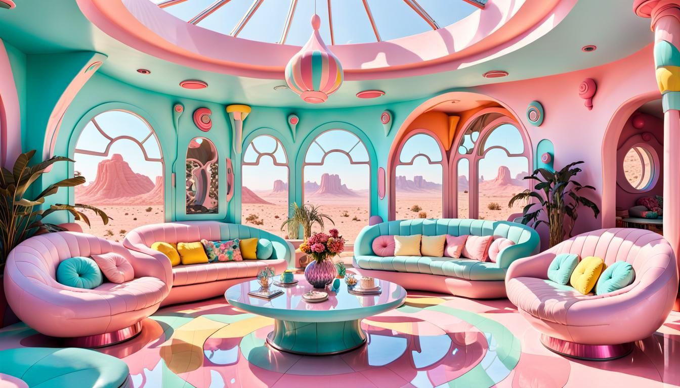 Pastel Candy Land Living Room in Maximalist Art Nouveau