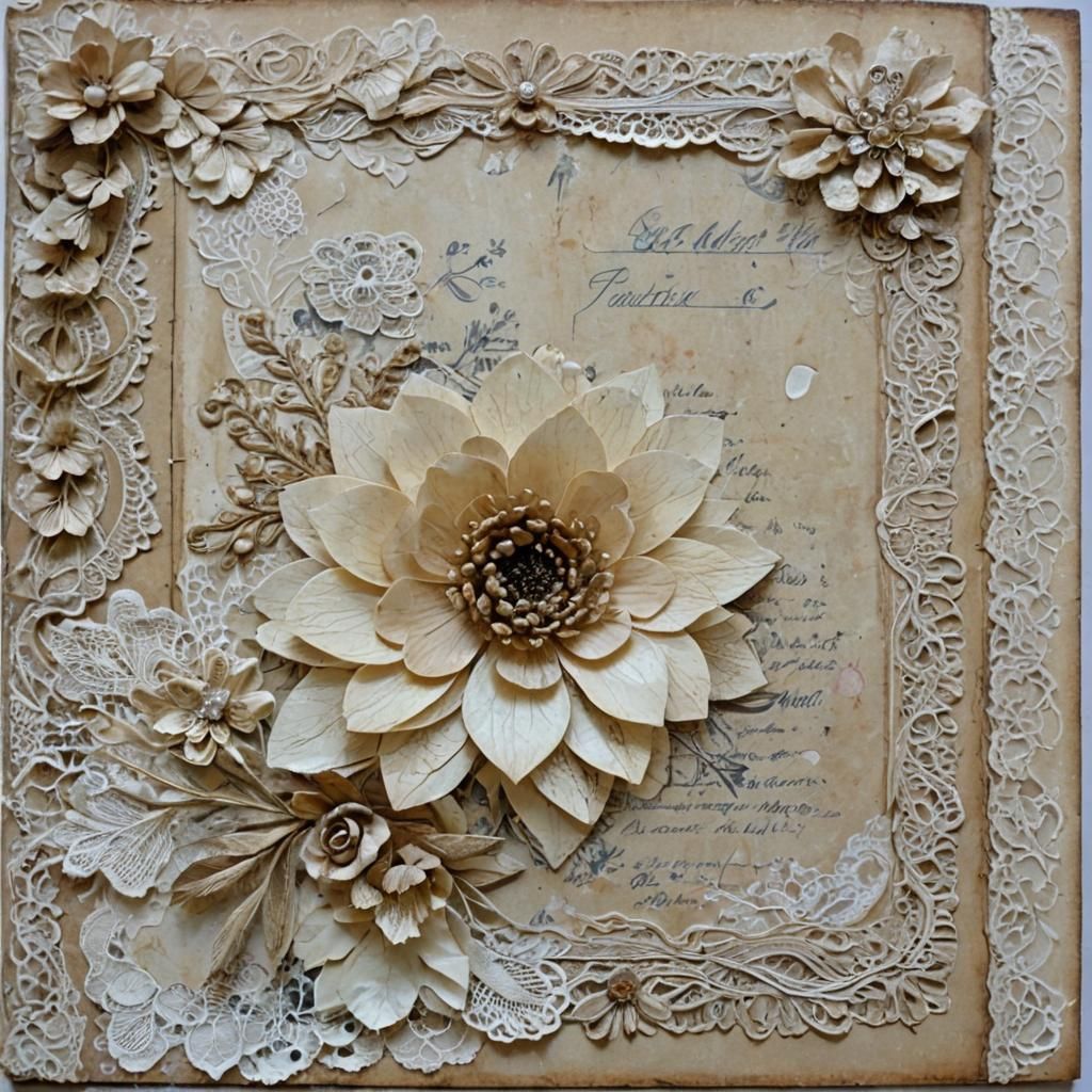 Vintage French Ephemera Scrapbook Page with Paper Flower