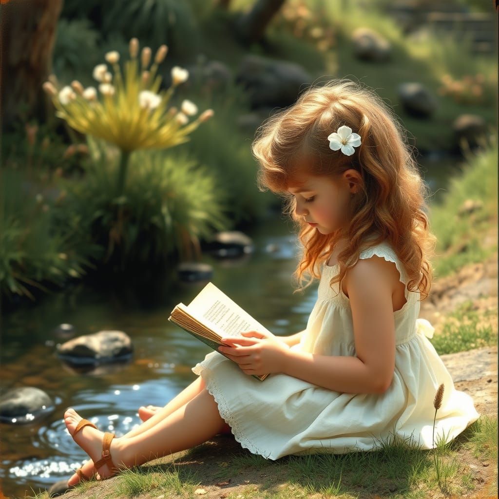 Whimsical Girl by Stream in Vintage Style