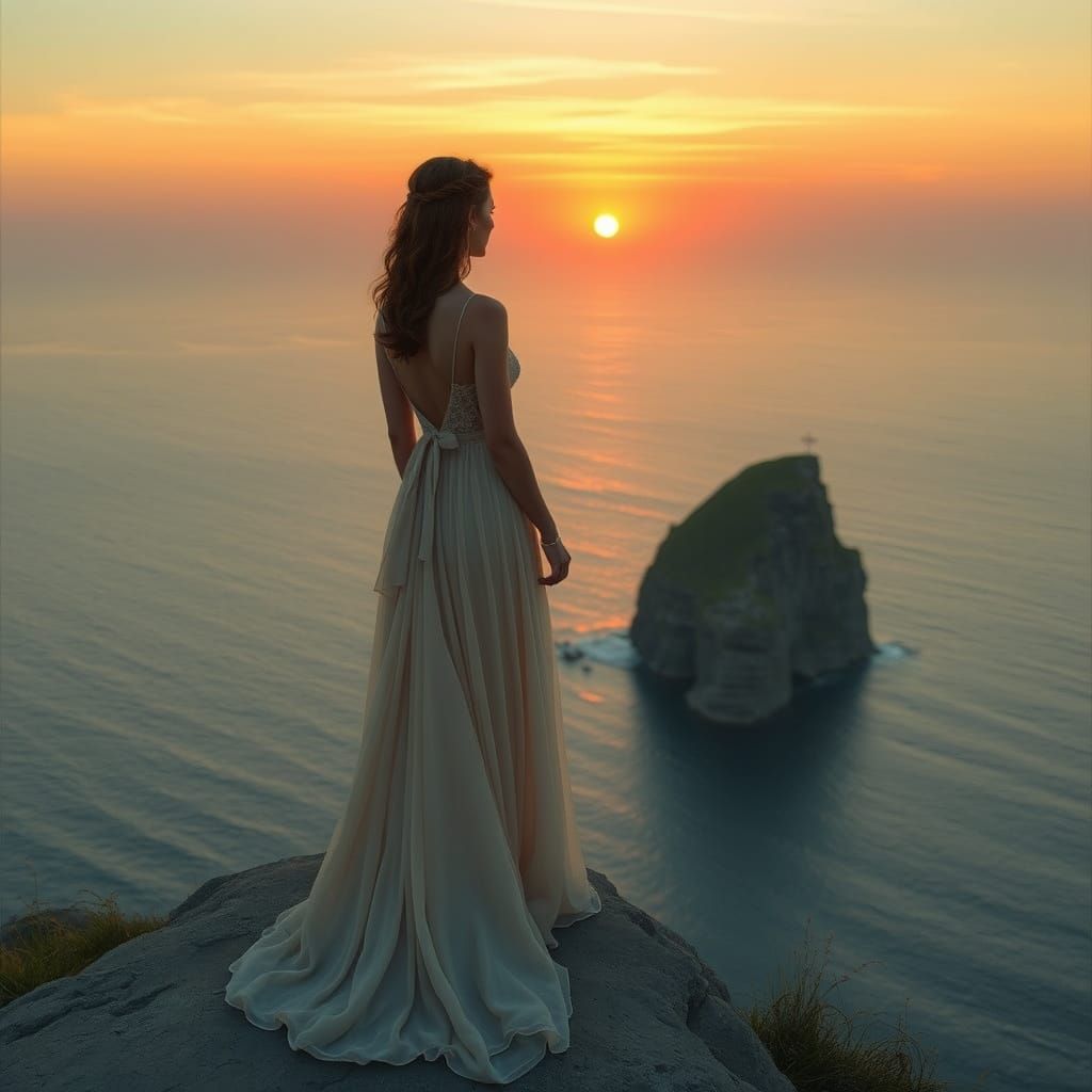 Woman Overlooking Ocean Sunset in Digital Art Style