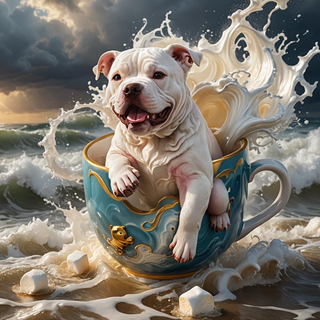Marshmallow Pitbull in a Mug: Hyperrealistic Digital Art