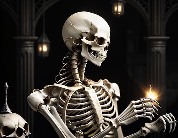 Furry Skeleton Cleans Bones: Dark Fantasy Concept Art