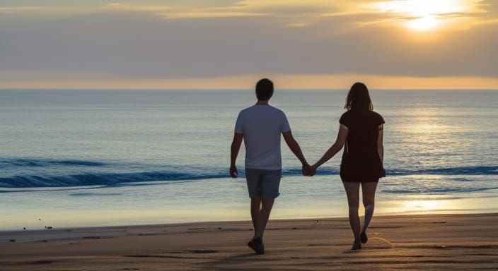 Beach Sunset Stroll: Romantic Seaside Scene