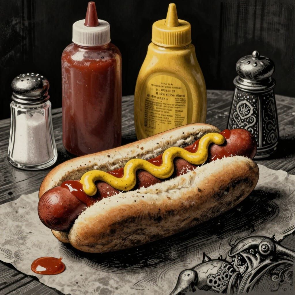 Ancient Rubber Stamp Hot Dog Art in Dark Style