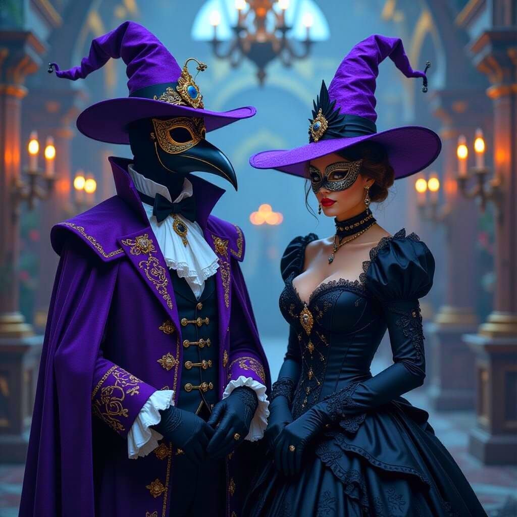Surreal Plague Doctor at Purple Masquerade Ball