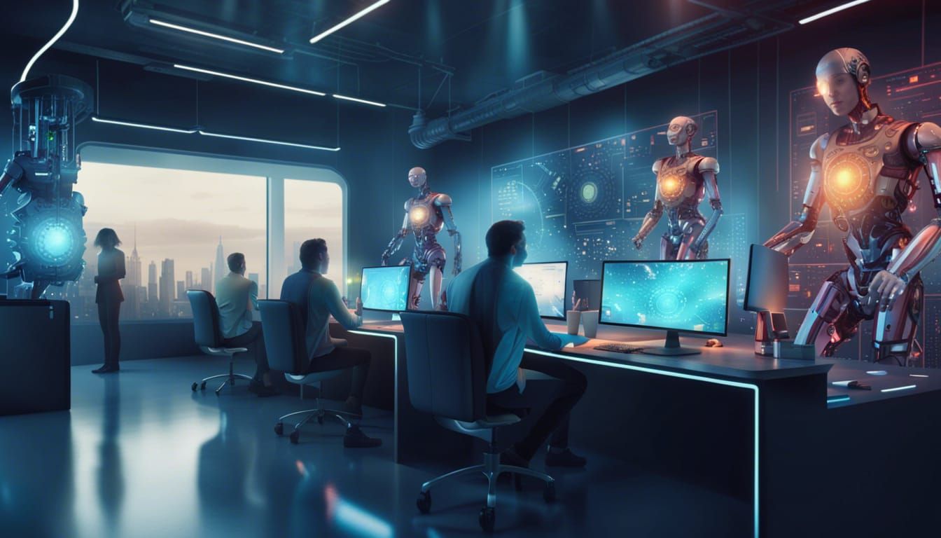 Futuristic Office Scene with AI, Robots and People