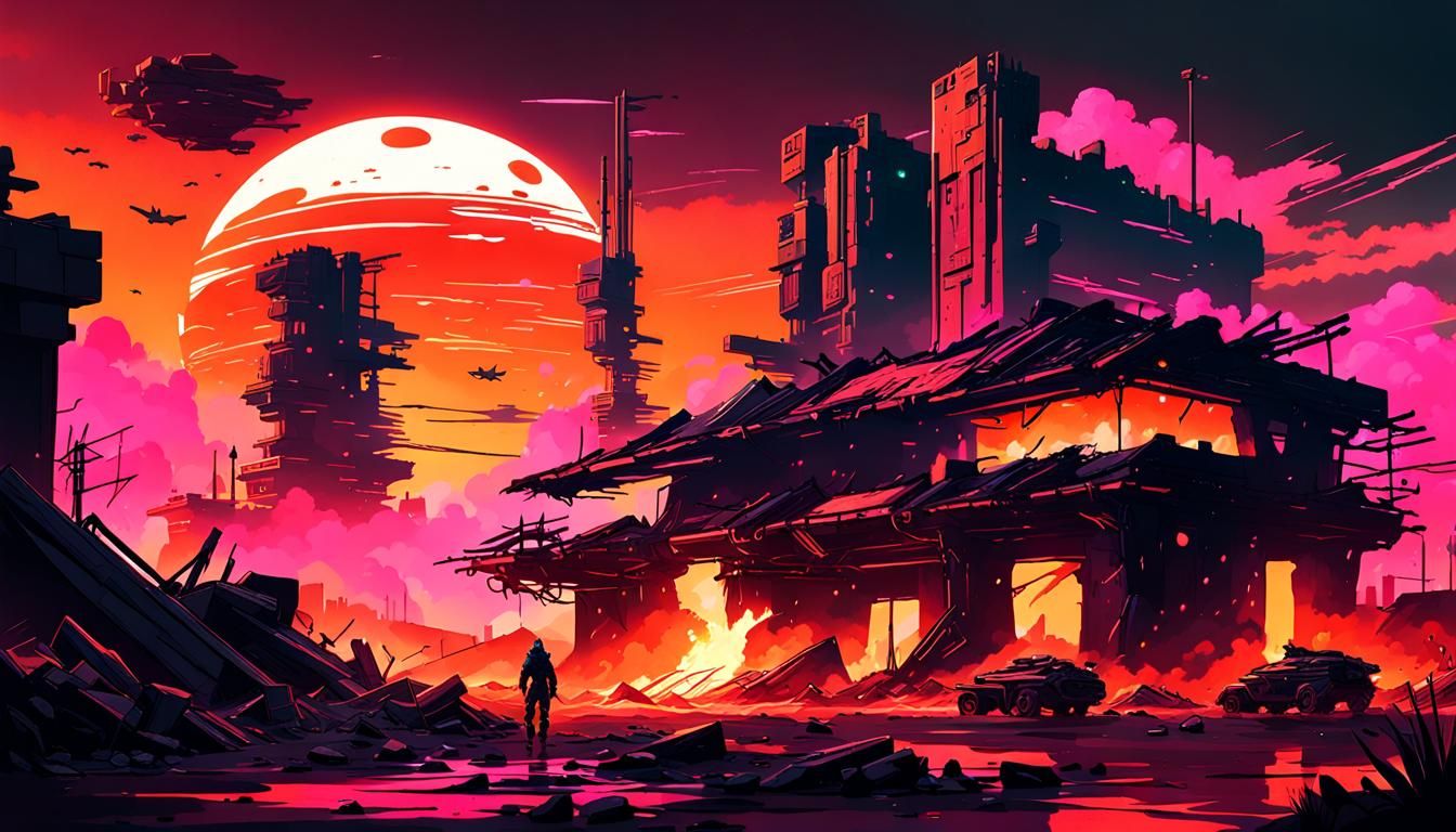Cyberpunk Ruins with Binary Suns and Pink Tank