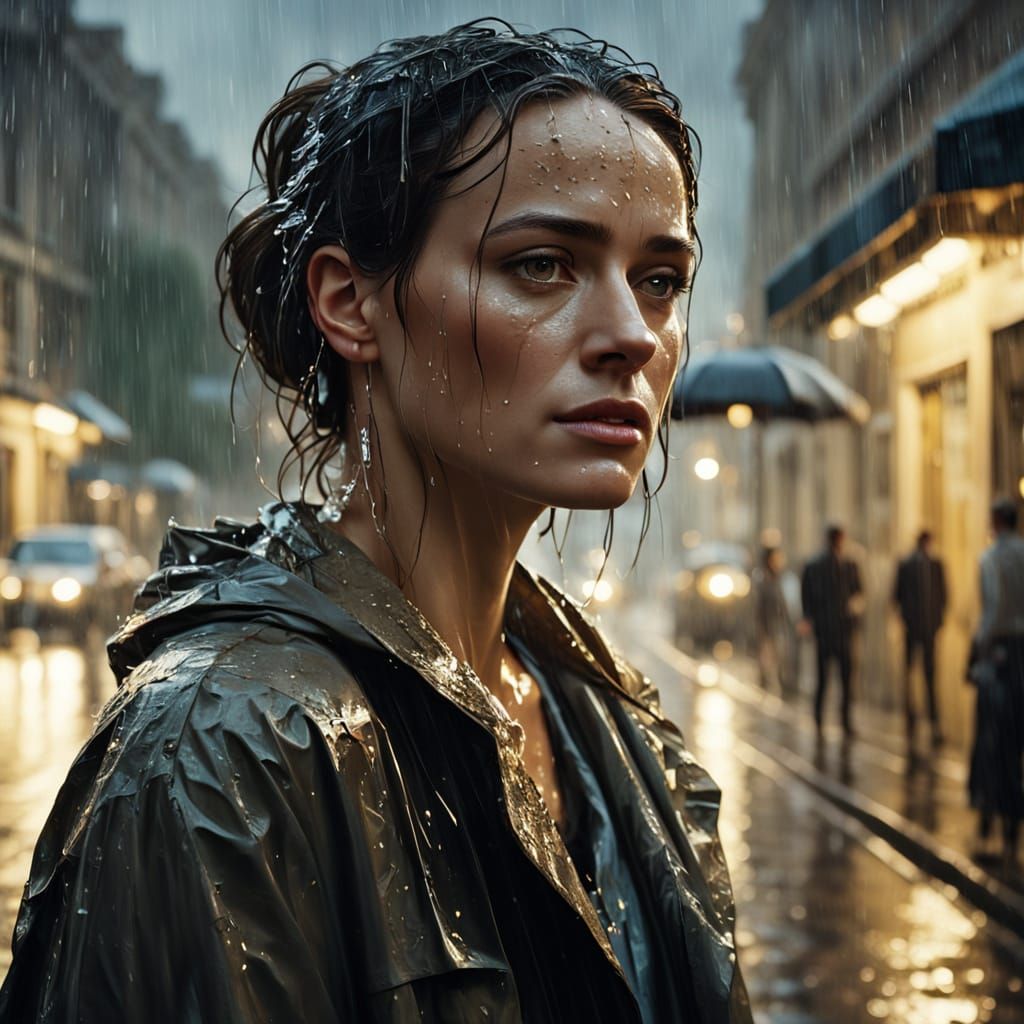 Resilient Woman in Rain: Emotional Oil Painting Portrait