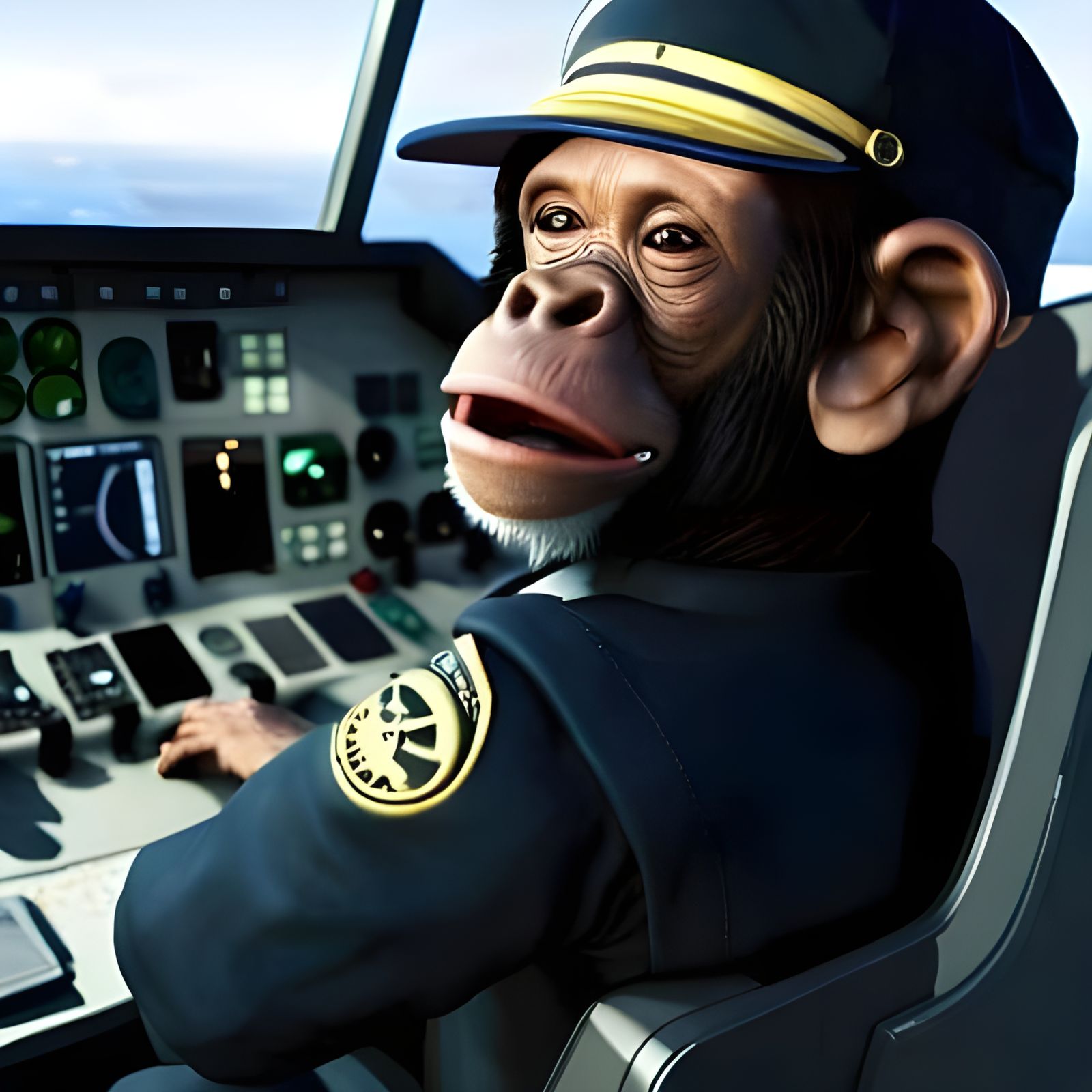 Chimpanzee Pilot in Cockpit: Hyperrealistic 3D Render