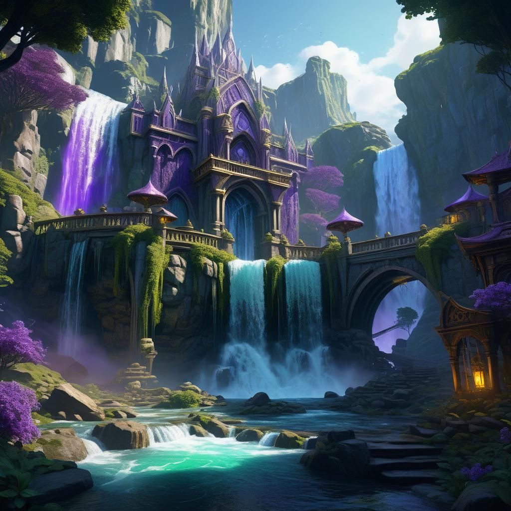 Elven City Over Waterfall: Dark Fantasy Concept Art