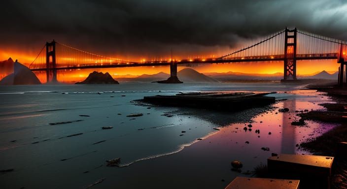 Post-Apocalyptic Golden Gate Bridge in Cinematic Matte Paint...