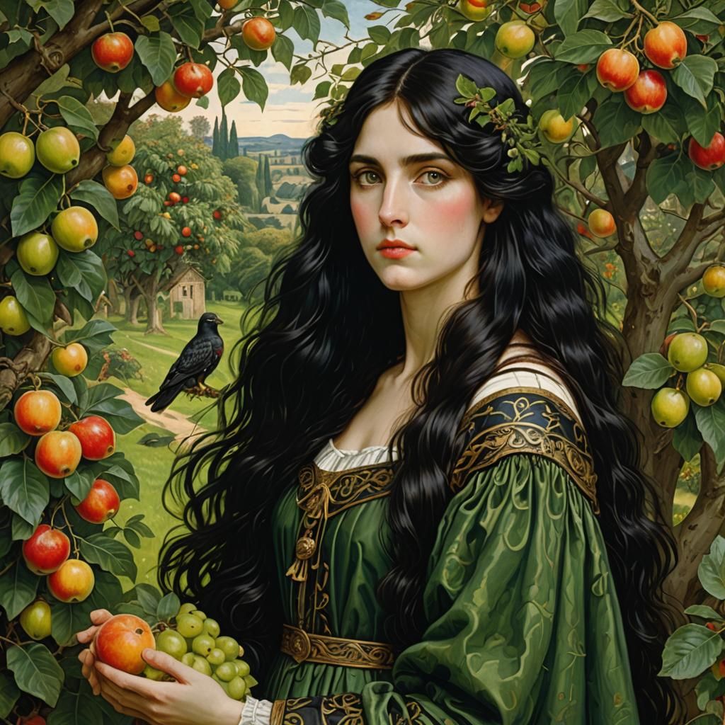 Pre-Raphaelite Beauty with Hawk and Fruit Trees