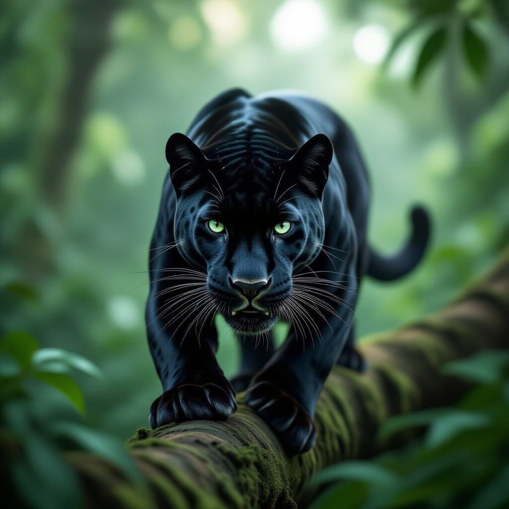 Photorealistic Black Panther Lunging in Emerald Jungle Light