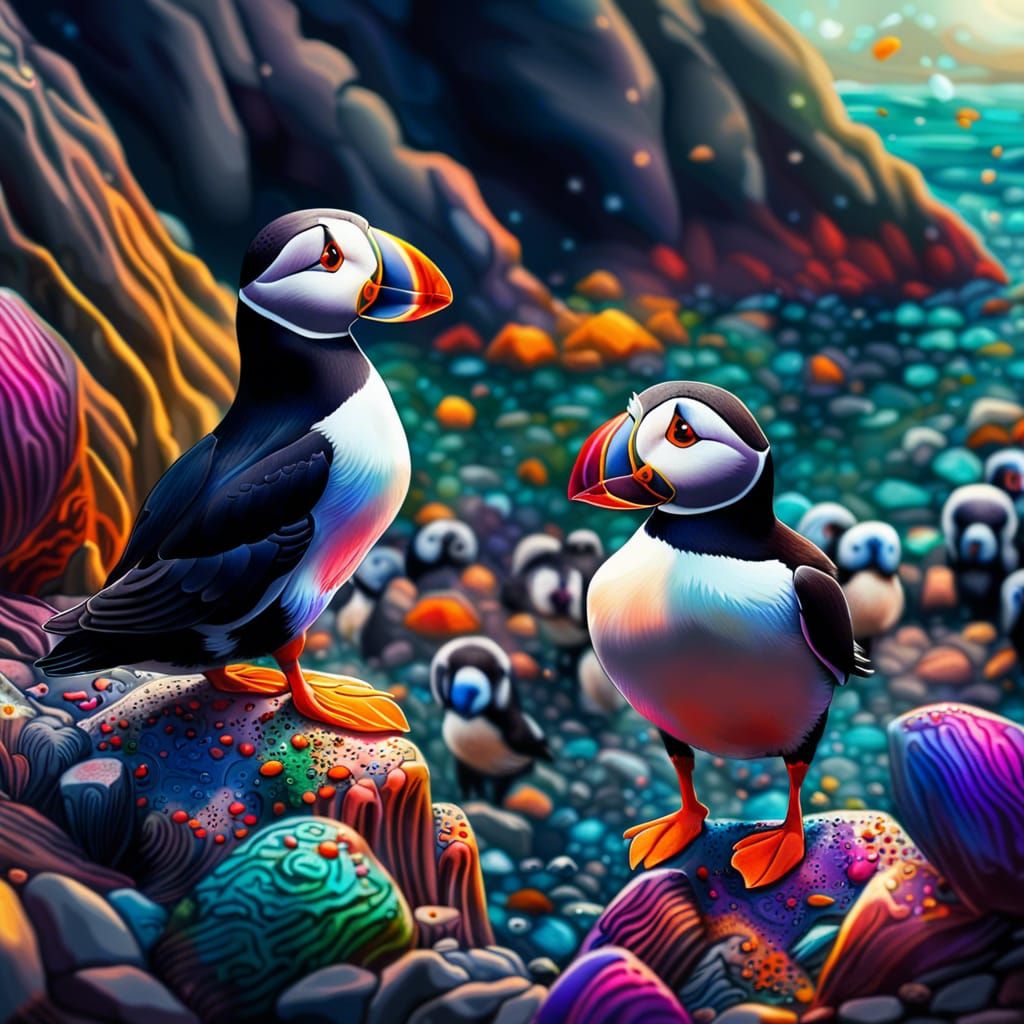 Colorful Puffins Playing: Holographic Astral Illustration