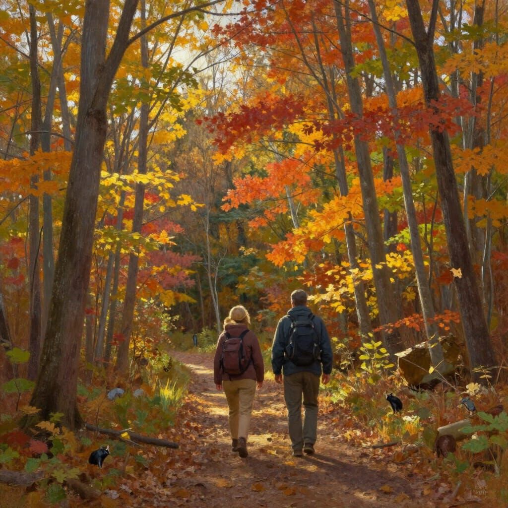 Couple Hiking Vibrant Fall Forest in Golden Hour Light