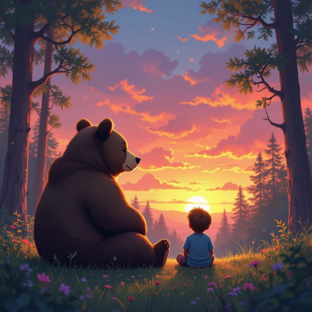 Bear and Boy Watch Sunset in Sun-Dappled Forest