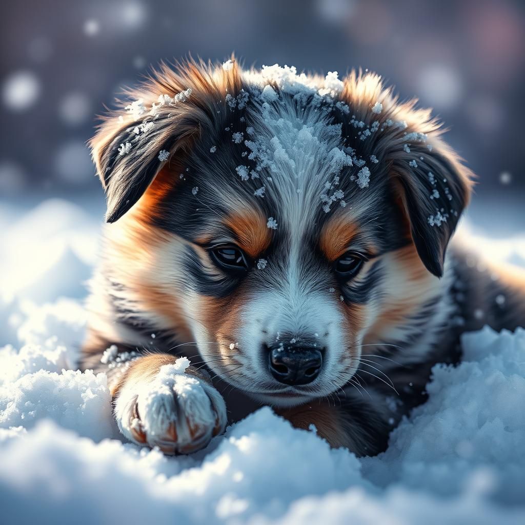 Puppy Covered in Snow: Hyperrealistic Splash Art