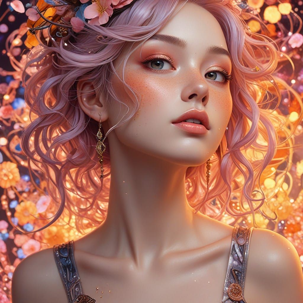 Surreal Goddess with Radiant Pastel Hair and Magical Glitter