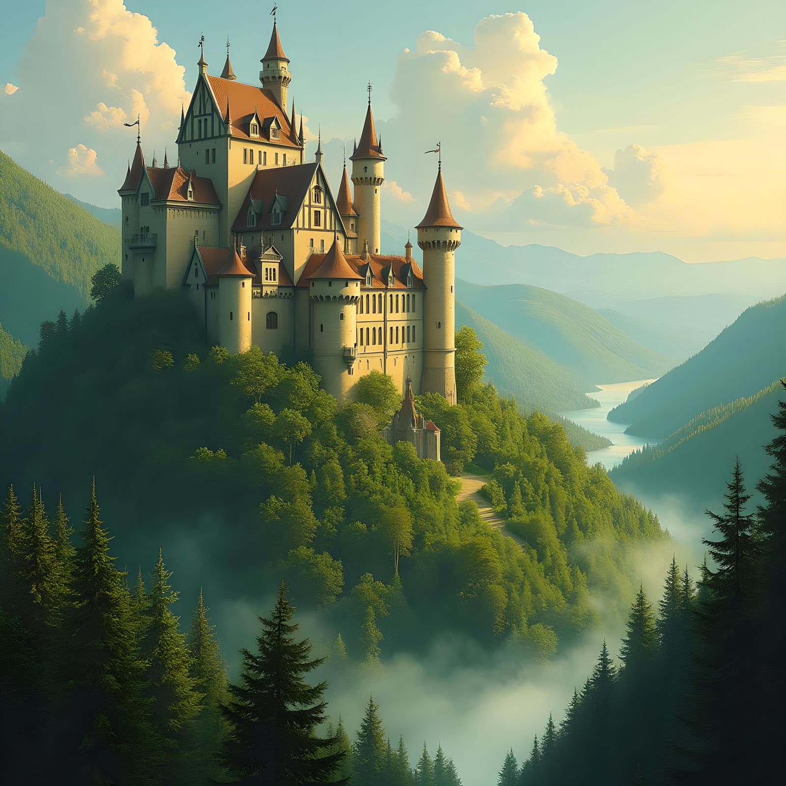 Picturesque Castle on Hill Surrounded by Forests