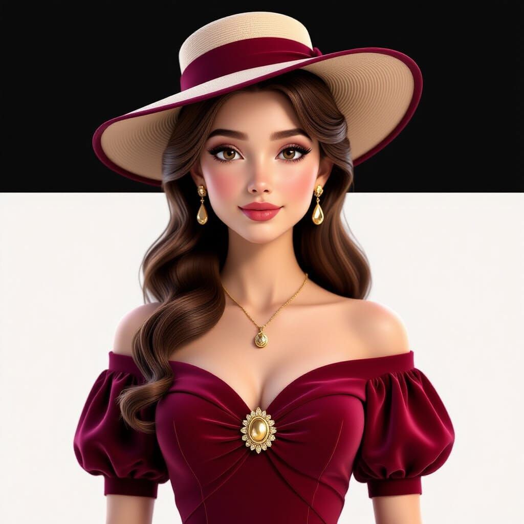 Elegant Vintage Woman in Burgundy Dress CGI
