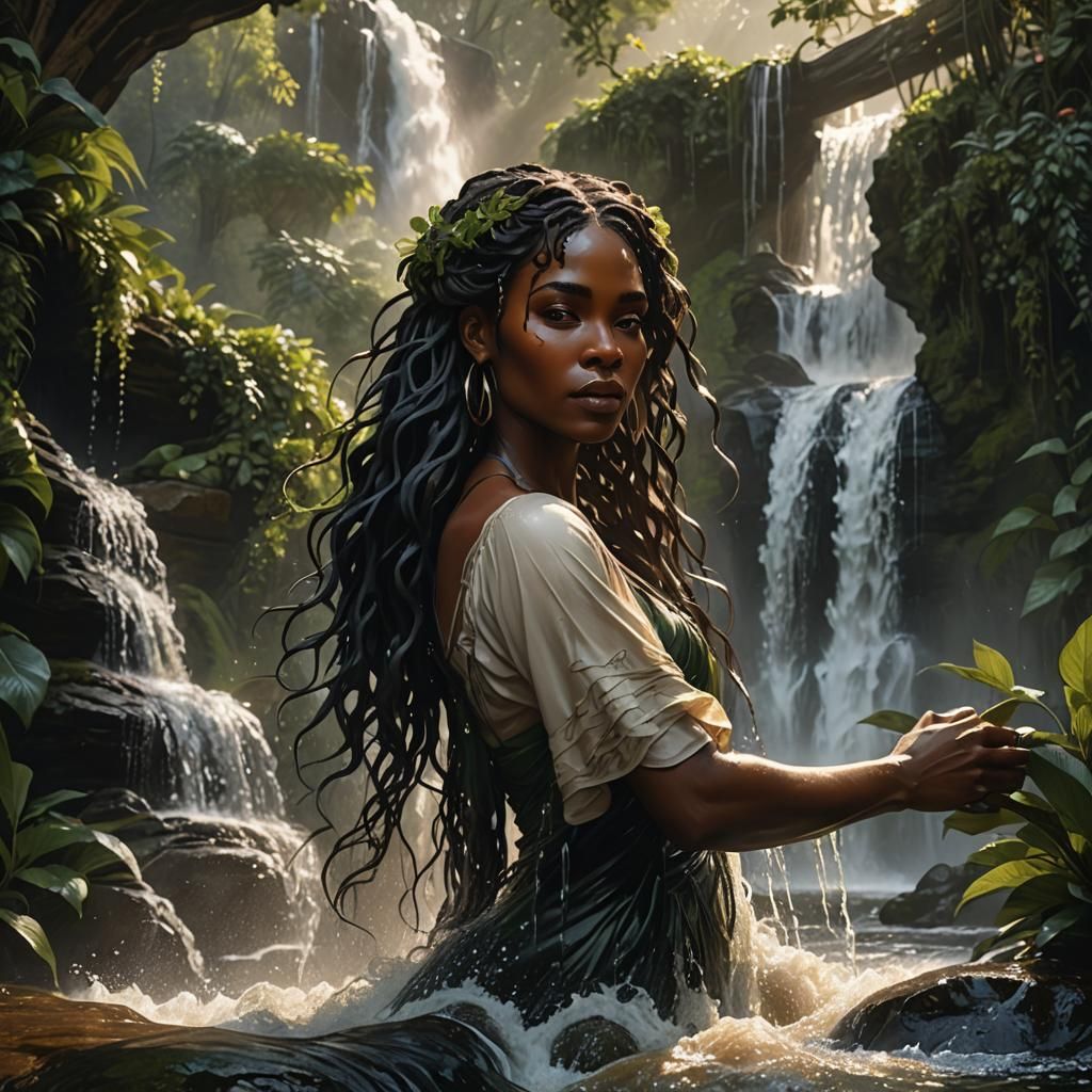 Ebony Woman's Waterfall Bath: Art Nouveau Fantasy