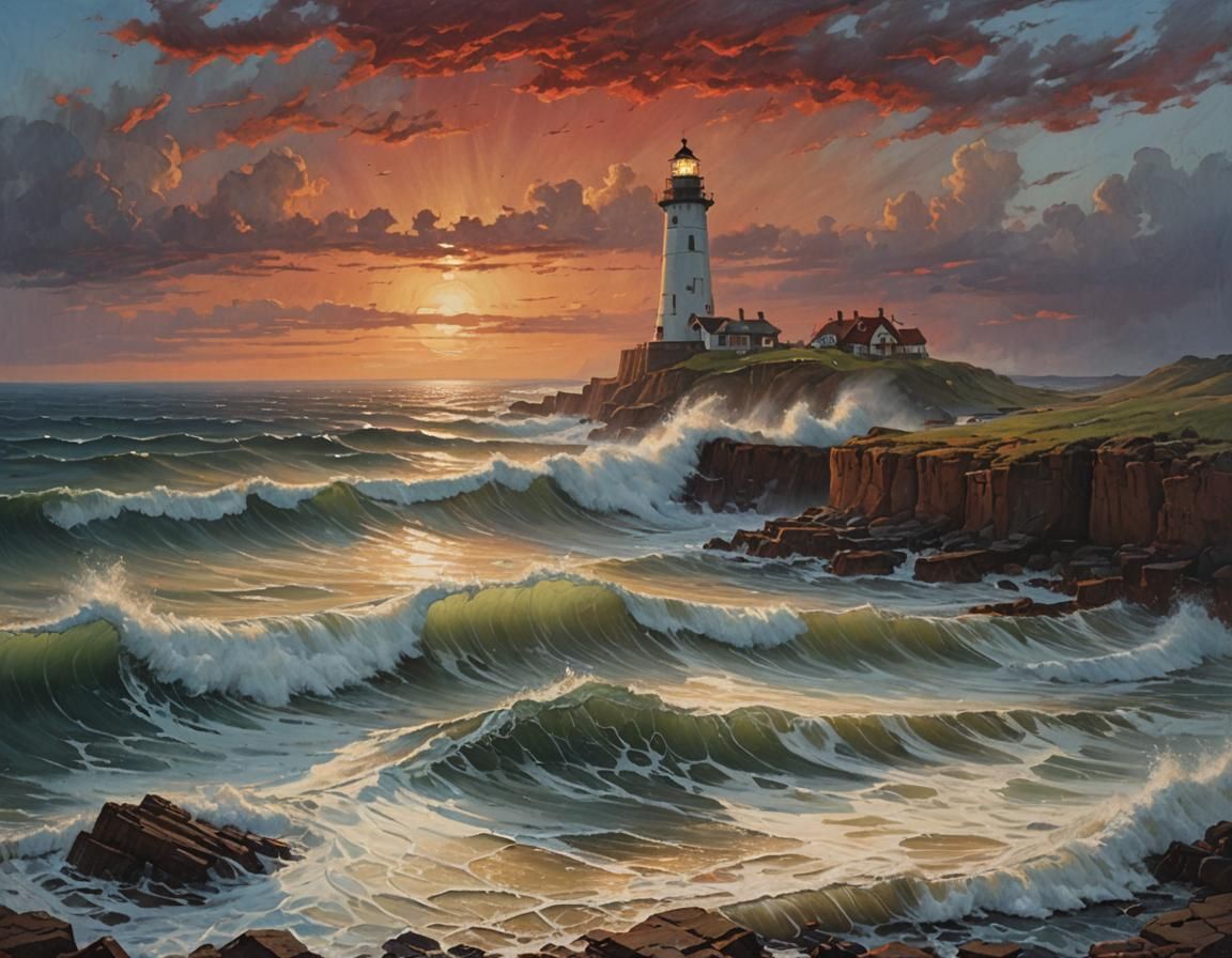 Sunset Lighthouse Shipwreck Oil Painting