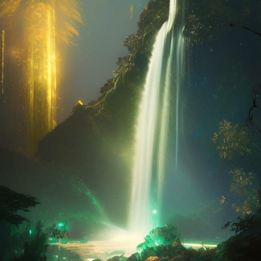 Emerald and Gold Nighttime Waterfall Concept Art
