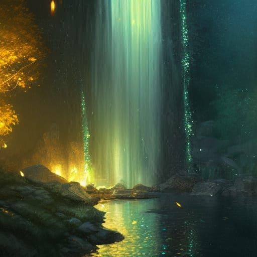 Emerald and Gold Nighttime Waterfall Concept Art